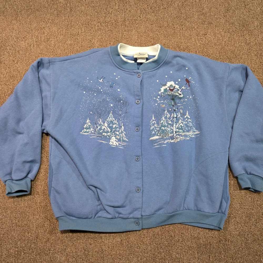 Artisans Vintage Winter Scene Button Front Sweatshirt XXL Blue Birds Snow USA‎